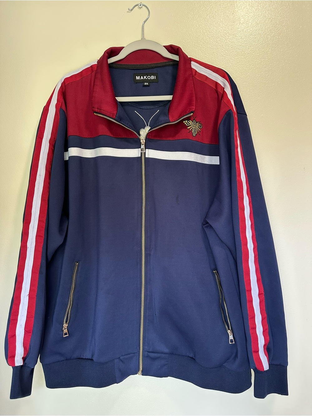 Makobi Men's Navy & Red Bomber Track Jacket with Bee Detail